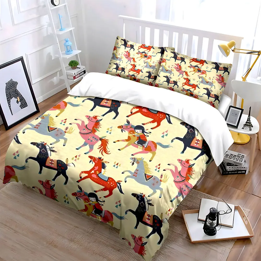 Colorful Horse Pattern Decor Set Bedding Set with 1 Duvet Cover 2 Pillowcases Single Double King Queen, Gift