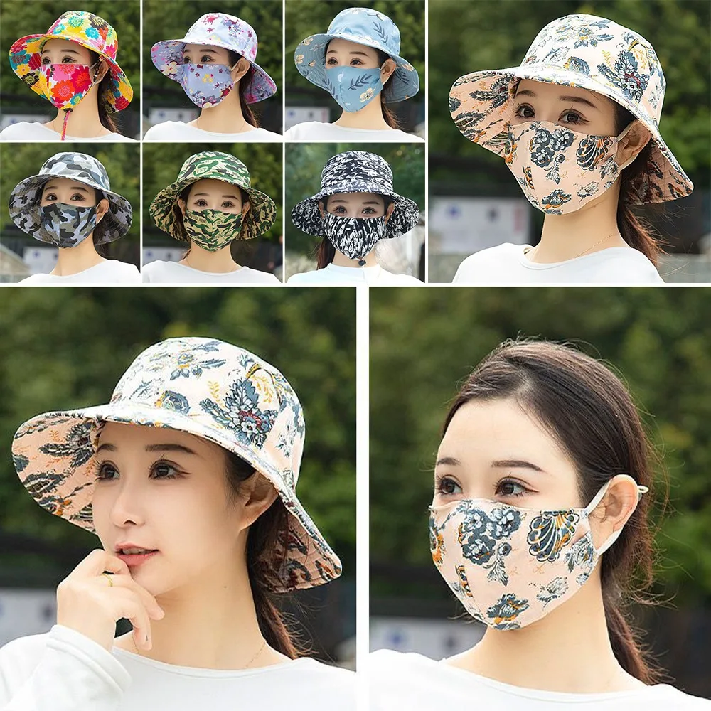 

Hot Sale Floral Tea Picking Cap Anti-UV Wide Brim Sun Visor Cap with Mask Protect Neck Anti-uv Sunscreen Hat Outdoor Sports