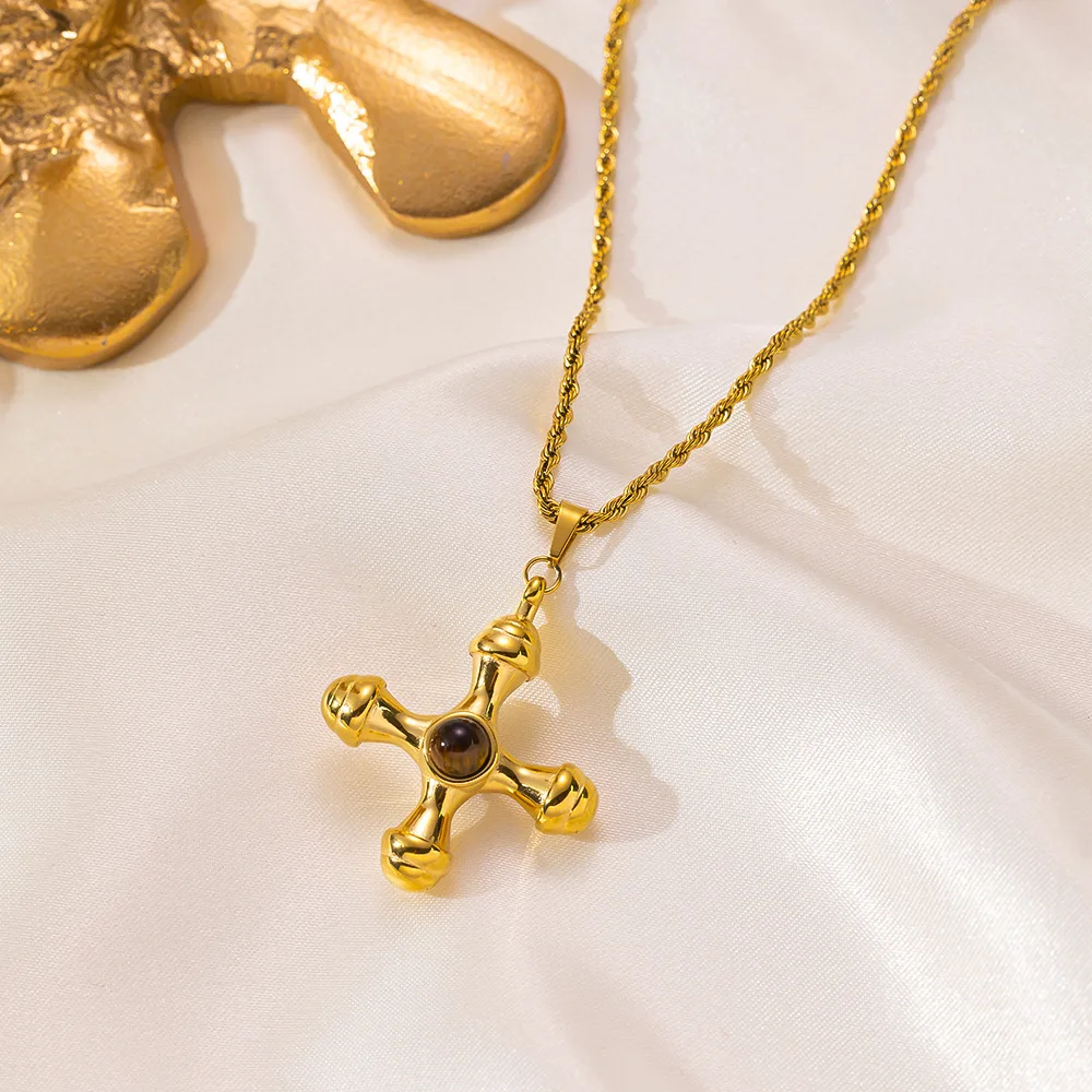 Stainless Steel Cross With Tiger Eye Stone Pendant Necklace Does Fade Women Men Couple Holiday Gift Necklace Versatile Jewelry