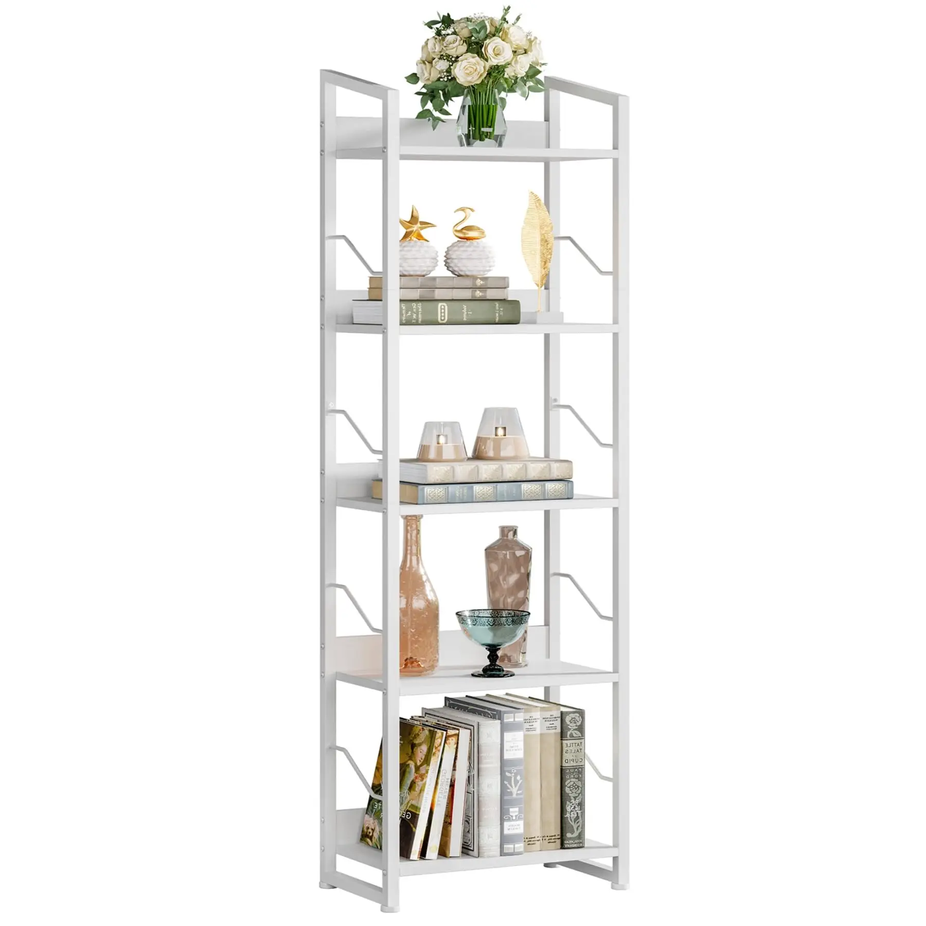 

5 Tier Tall Bookshelf Industrial Style Metal Frame Narrow Bookcase With Edge Protection For Living Room Office