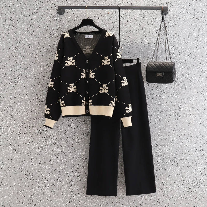 Autumn Bear Jacquard Knitted 2 Piece Sets Women Tracksuits V Neck Loose button cardigan Sweater + Wide Leg Pant Trousers Suit