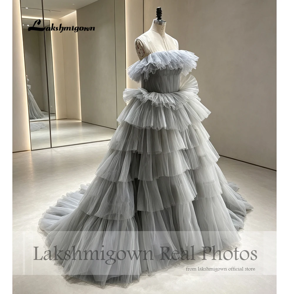 Lakshmigown Graues Mehrschichtiges Ballkleid aus Mesh-Stoff, Hochzeitskleider, trägerlos, ärmellos, Abendkleider, maßgeschneidert – Detail 6