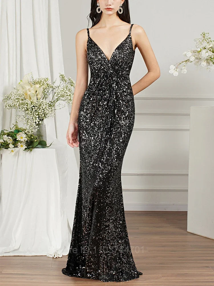 

Women Spaghetti Strap Off Shoulder Cocktail Party Black Evening Dress Sequin Evening Dress Elegant Prom Mermaid Dress Long Gowns