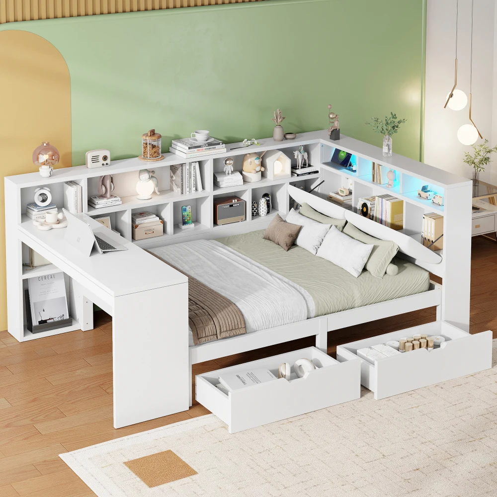 90x200 L-förmiges Plattformbett aus Holz mit Schreibtisch und Bücherregal, Eckkapitänsbett mit gepolstertem Kopfteil, Schubladen, LED-Licht – Detail 23