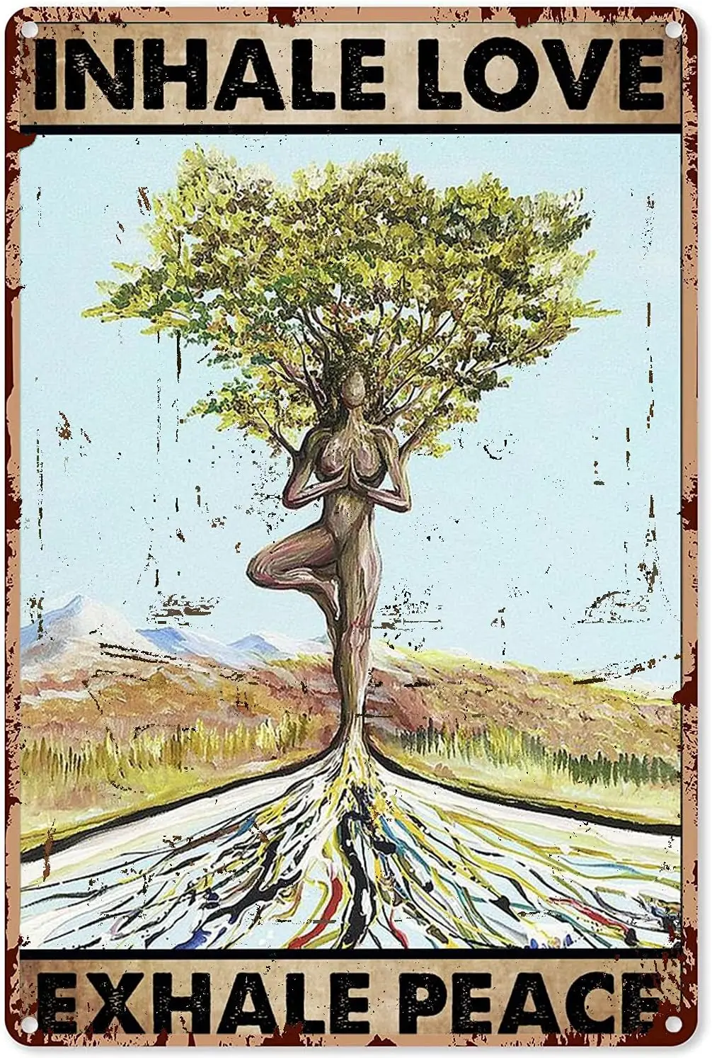 Buoraev Yoga Chakra Tree Metal Tin Signs Inhale Love Exhale Peace Posters Yoga Studio Retro Plaque Decoration Home Room Clu sign
