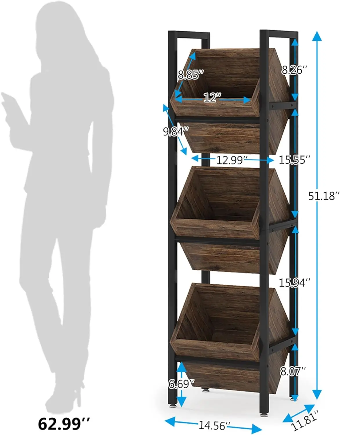 3 Tier Wood Shelving Unit with Baskets, Rustic Vertical Standing Basket Storage Tower for Kitchen Bathroom Living Room