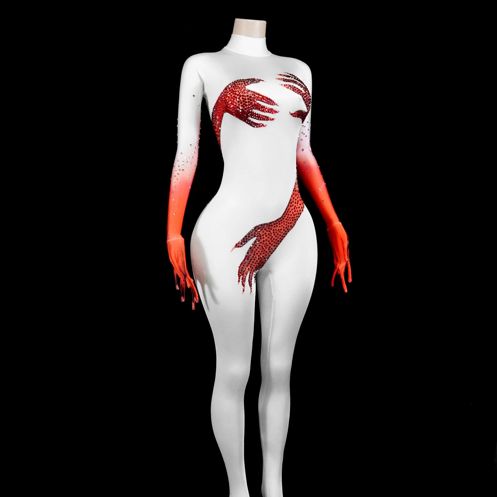 섹시한 풀 다이아몬드 긴 소매 점프수트 여성용 무도회 폴댄서 공연 패션 클럽 의상 사진 촬영용