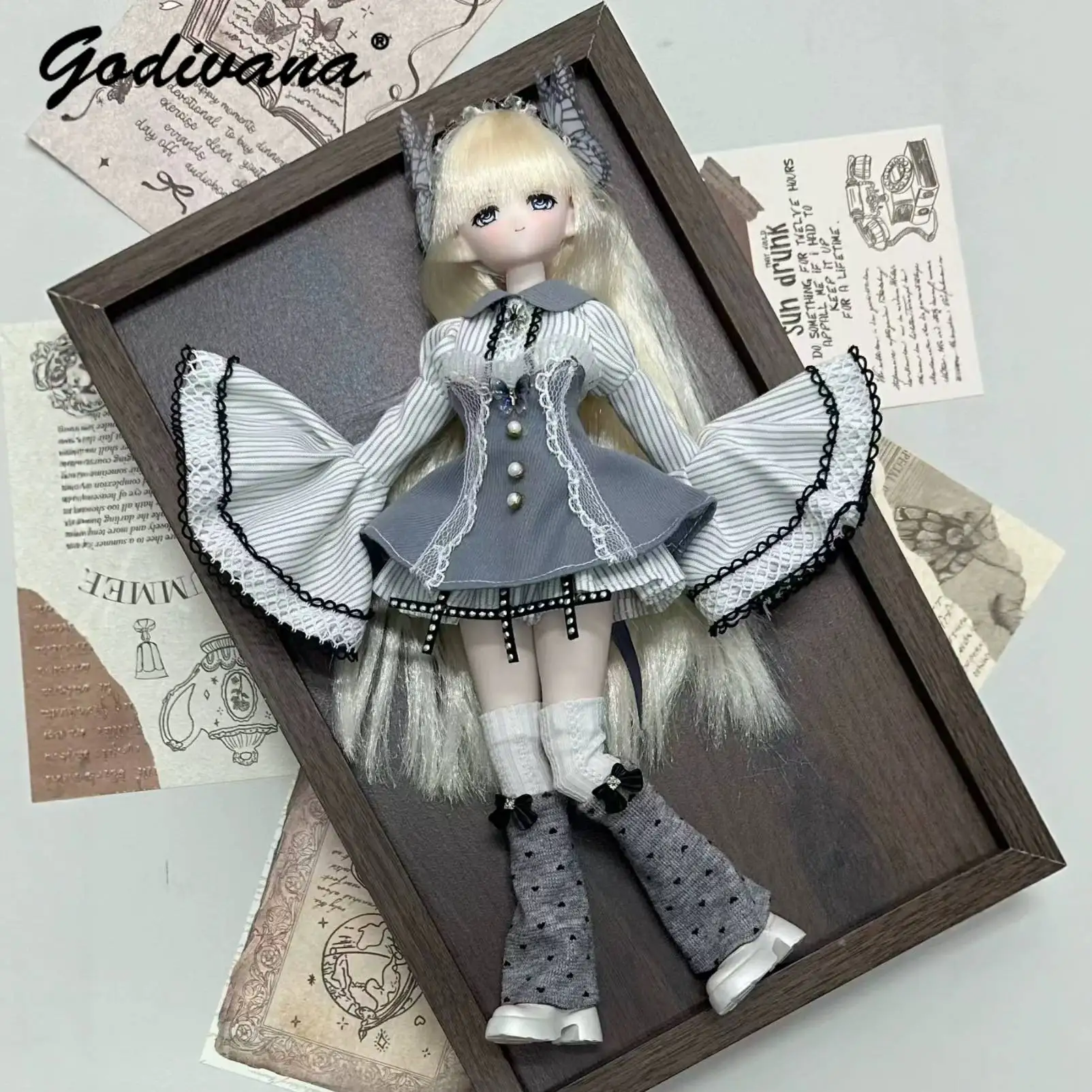 Fit for Special 1/6 Ob24 Ob22 Bjd Doll Clothes Sweet Cute Lace Trim Flare Sleeves Strip Ruffle Lolita Dress with Headband Set