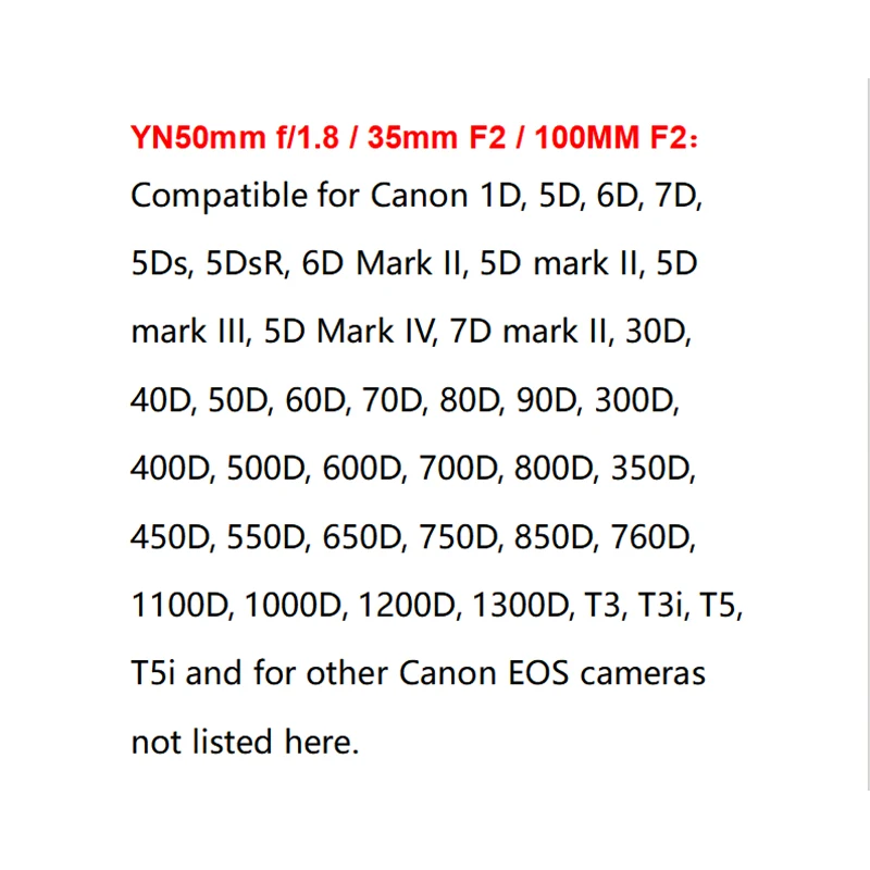 Yongnuo YN50mm f/1.8 YN35mm F2 YN100mm F2 Auto Focus Lens Wide-angle Large Aperture Fixed Lense for Canon EOS DSLR Cameras