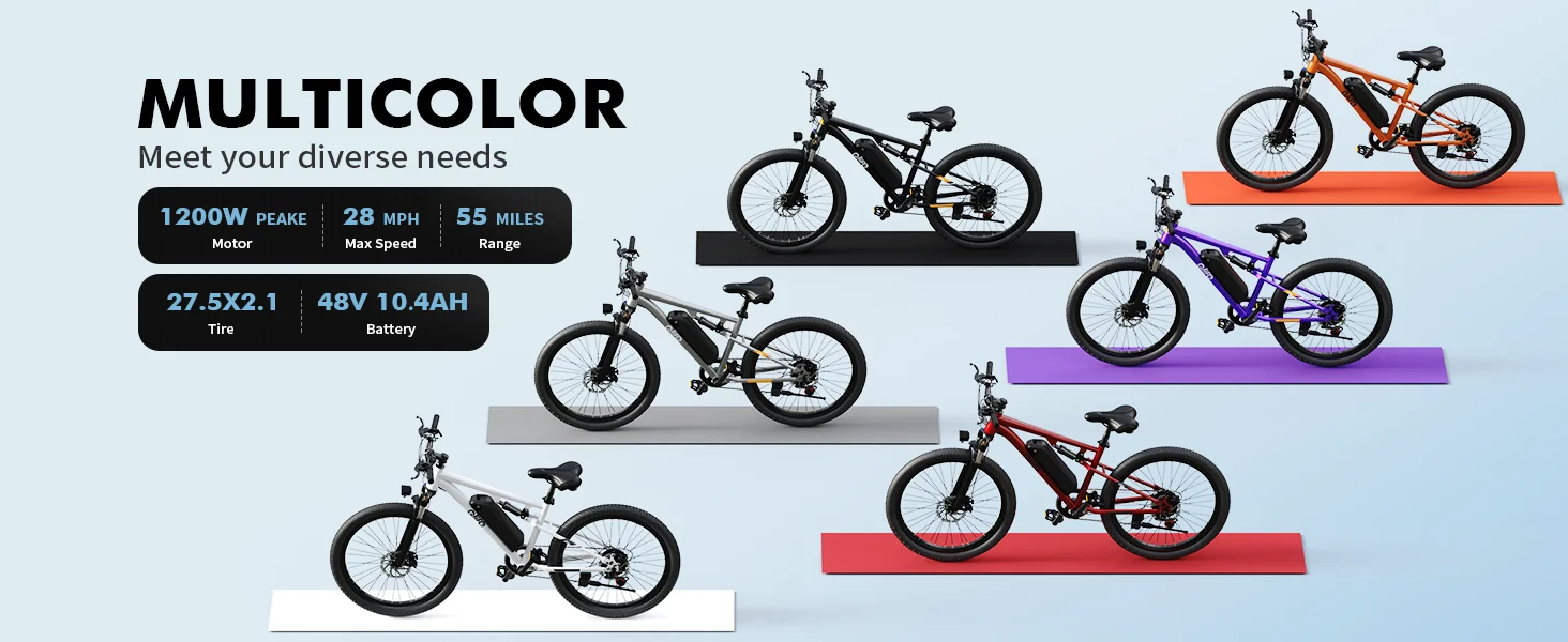 Qlife Racer Ultra Electric Bike for Adults, Peak 1200W 48V 10.4Ah,  27.5" Tire Electric Mountain Bike, 28MPH 55 Miles Off-road Electric Bicycle, 21-Speed E-Bicycle with Full Suspension