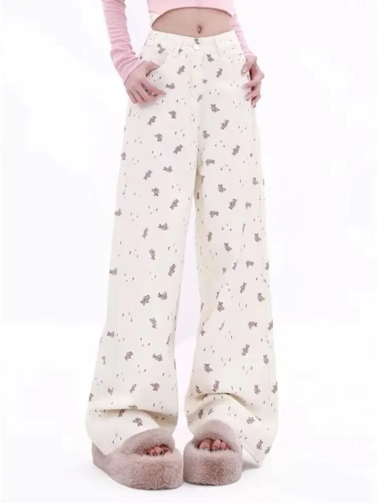 

Classic High Waist Casual Loose Female Wide Leg Pants Summer New Sweet Printed Chic Full Length Fashion Simple S-Xl Jeans Woman