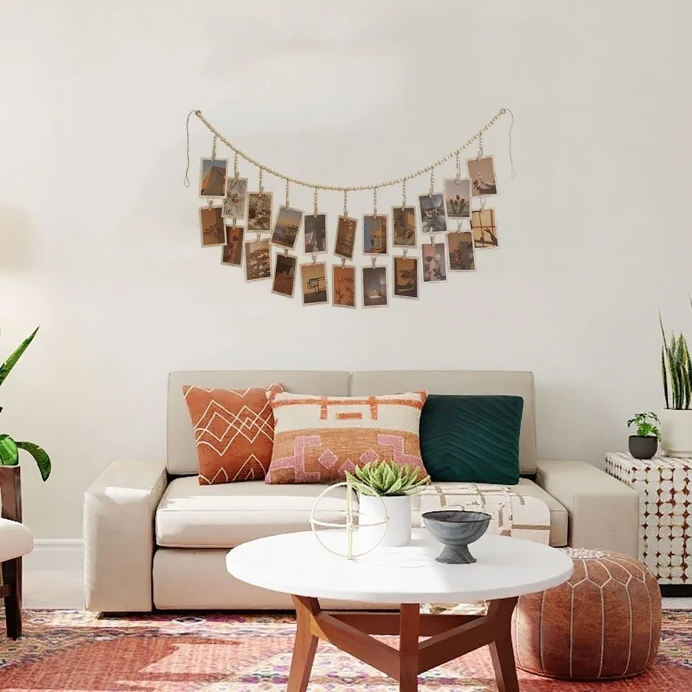 Nordic Style Hanging Photo Display DIY Minimalist Picture Hanging String Wooden Bead Garland Decorative Wall Art Decor Bedroom
