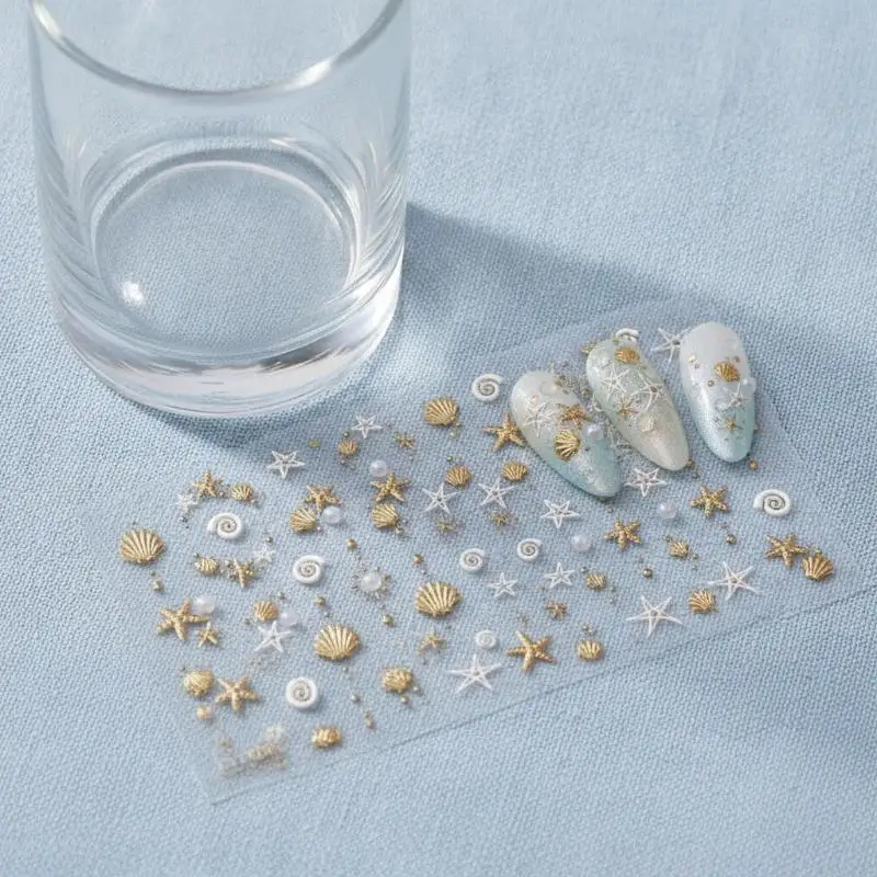 Gold Stamped Shell Conch Scallop Starfish Pearl 5D Embossed Self Adhesive Nail Art Stickers Delicate Ocean Style Manicure Decals