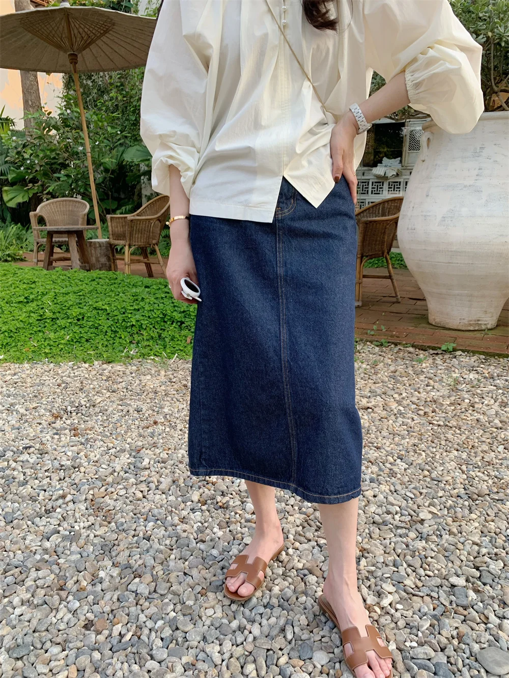 

Deep Blue Denim Mid-Length f Skirt High Waist Slimming Women's Faion Casual Split Design Straight Cut Spring 2023