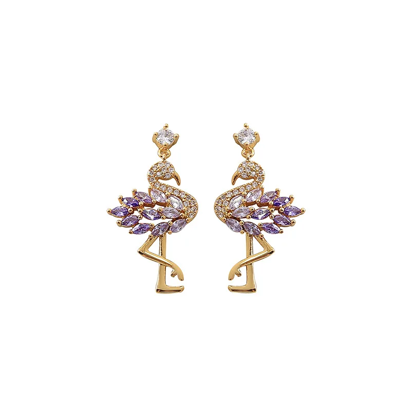 

Fashion Light Luxury Voilet Horse Eye Cubic Zircon Paved Cute Flamingo Pendant Earrings for Women Classic Jewelry for Officelady