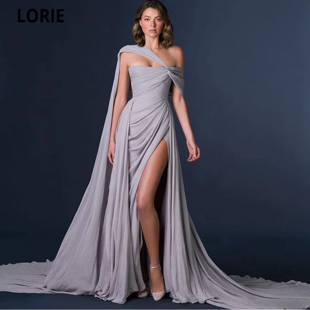 Lorie Mermaid Chiffon Mermaid Avondjurken 2022 Een Schouder Cape Plooien Arabische Prom Partij Jassen Been Slit Robes De Soiree