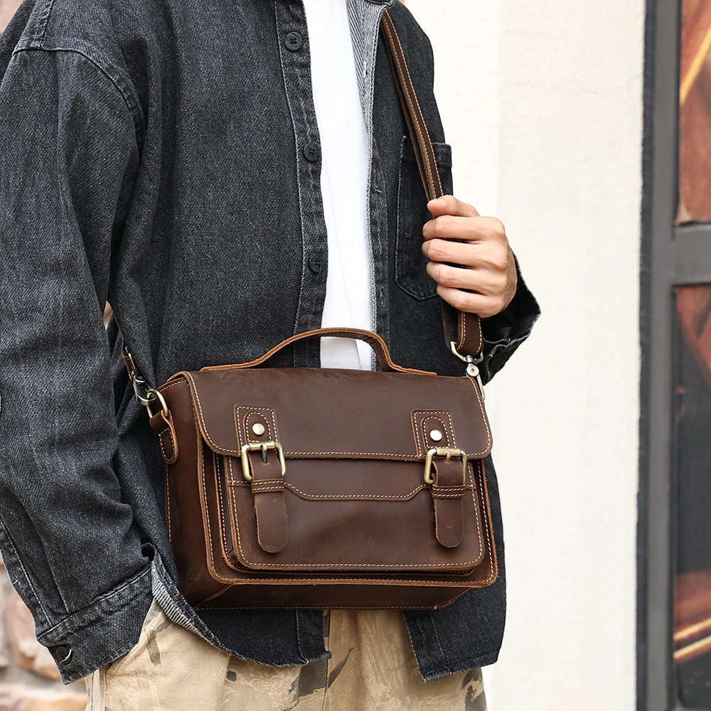 Men's Small Square Bag Crazy Horse Casual Vintage Shoulder Bag Genuine Leather Crossbody Bag Vintage Postman Bag For Men