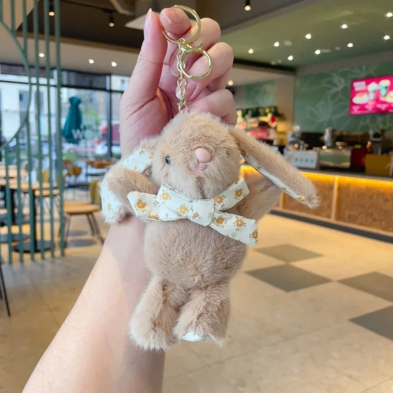 Hello kitty Flower Bowknot Rabbit Keychain Soft Cute Car Key Pendant Cartoon Stuffed Rabbit Doll Keyring Unisex