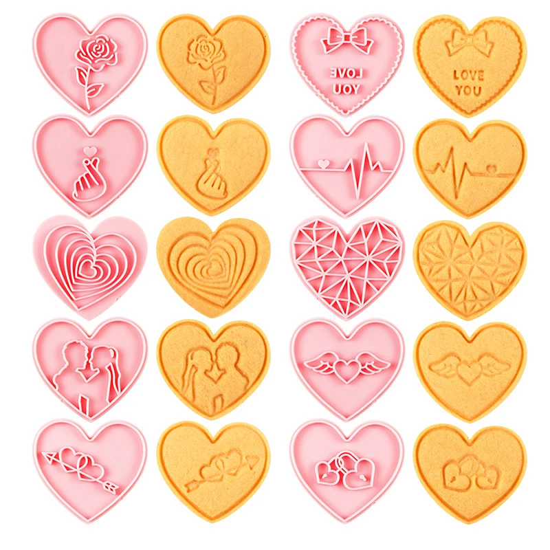 10 Pieces Cute Valentine's Day Cookie Cutters Plastic Pink Heart Cookie Stamps Cookie Mould Press Lovers Cookie Mould Set