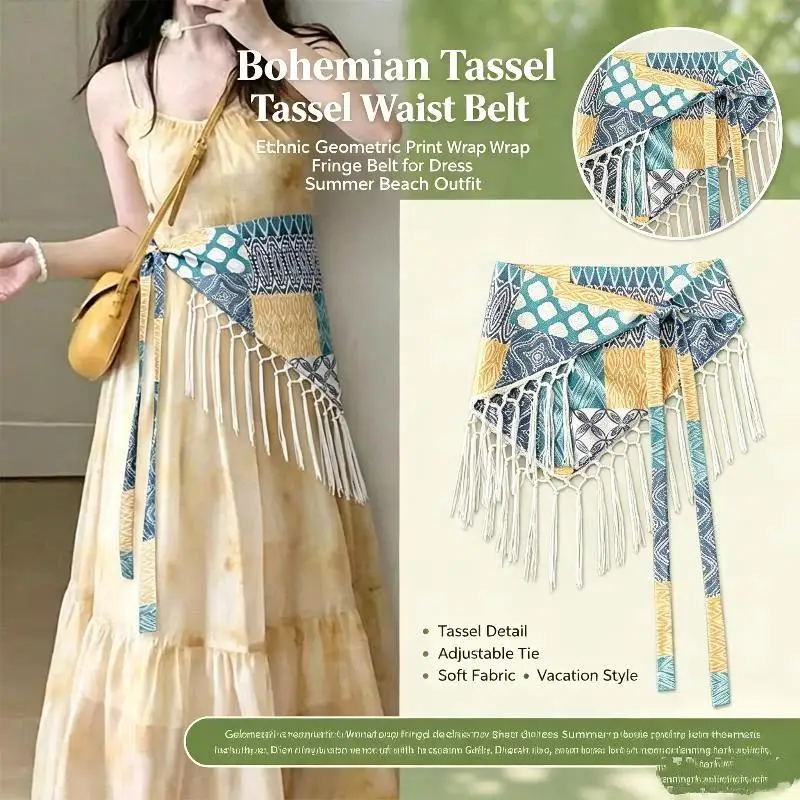 Vintage Patchwork Tassel Waist Wrap Bohemian Ethnic Print Adjustable Belt for Women Beach Party Daily Use