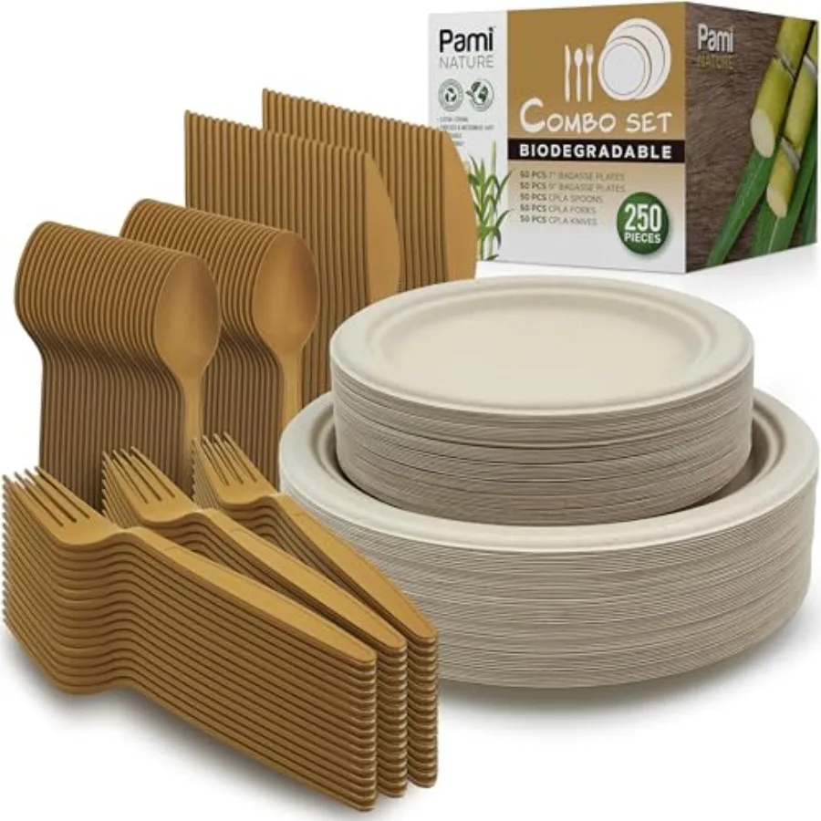 

250Piece Compostable Degradable Tableware Eco Set Disposable Sugarcane Plates Cutlery Cups HeavyDuty Eco Dinnerware for Outdoor