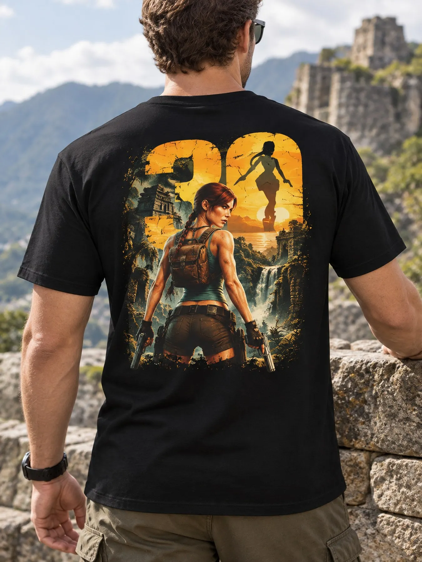 Lara Croft 30th Anniversary T-Shirt Iconic Back Print with Lara Croft Unisex Casual Round Neck Tee Suitable for Men