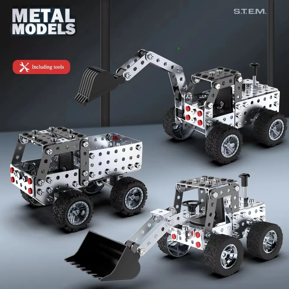 3D Metal Assembly Engineering Vehicle Toy Creative Model Simulation Forklift Dump Truck Screw Nut Building Block Gift for Boys
