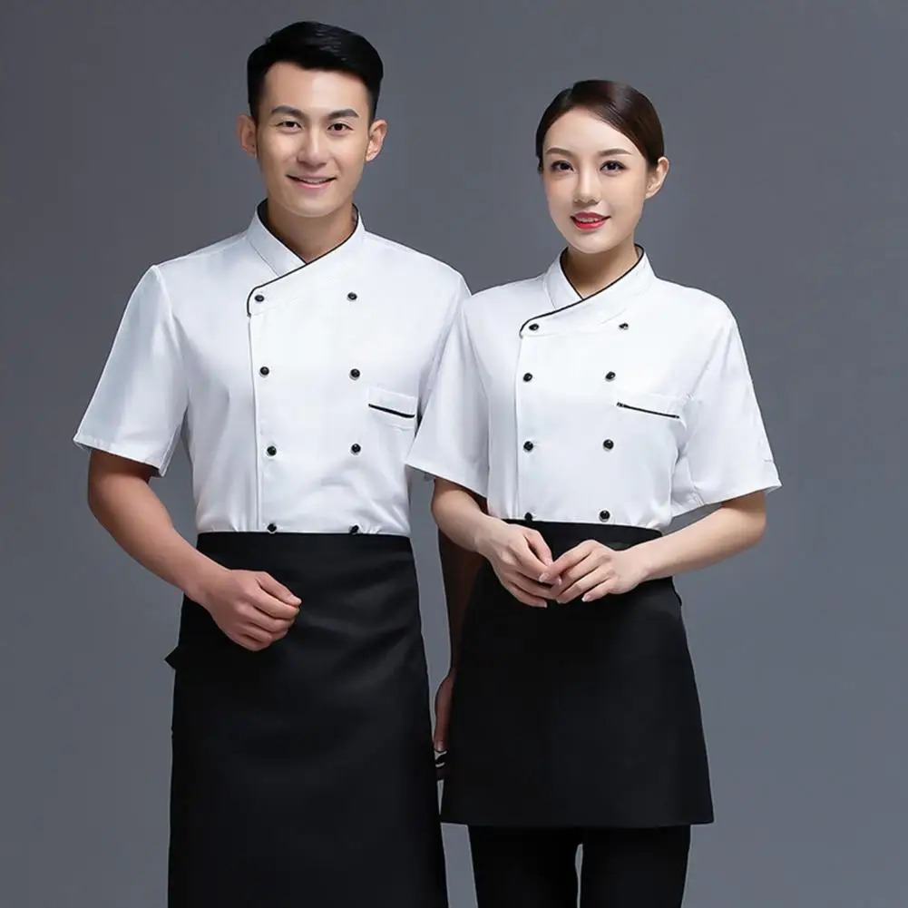 Chef uniforme com gola, manga curta, cor sólida, patch bolso, roupas de trabalho, trespassado, padeiro, roupas de padaria, serviço de restauração