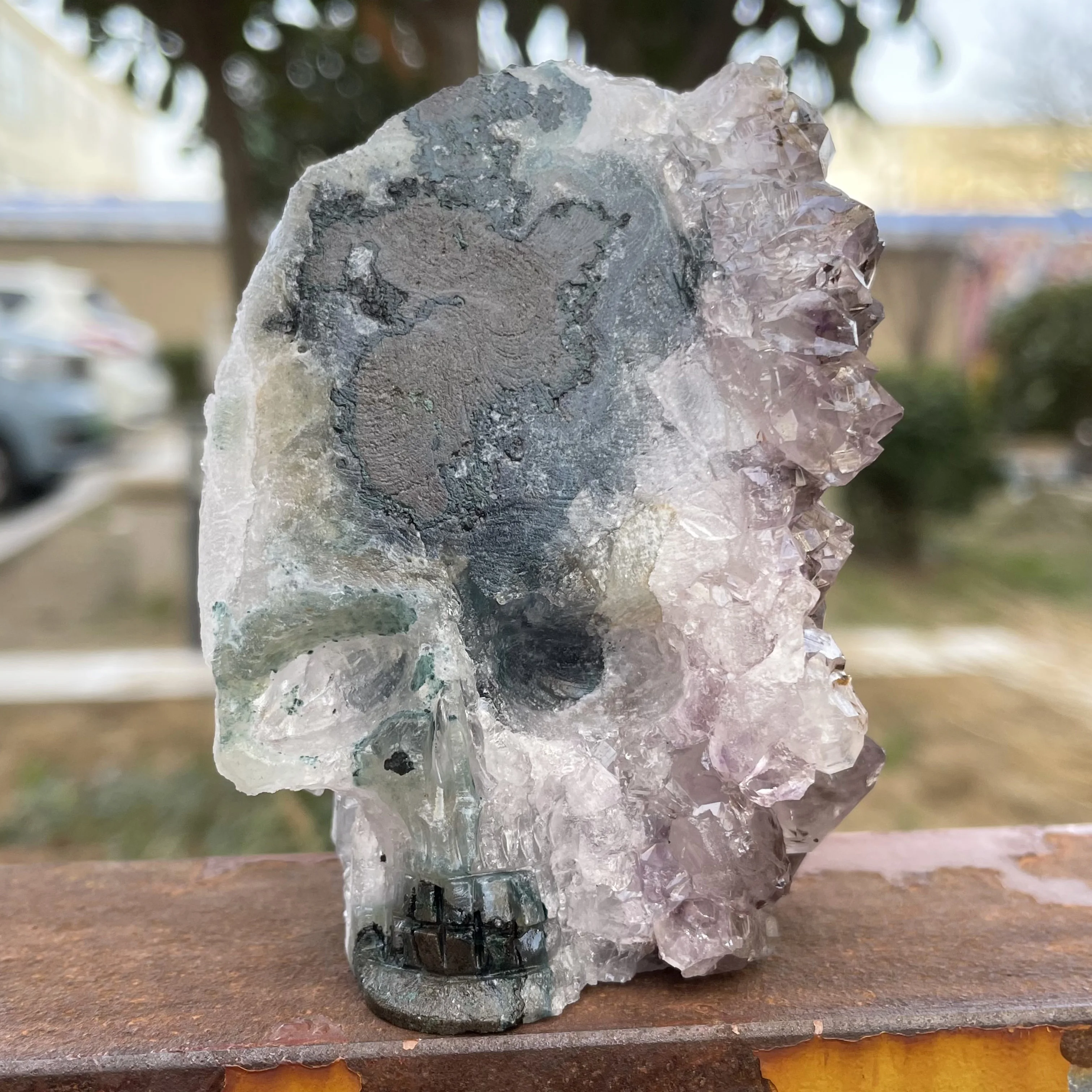 

162g Natural Hand Carved Amethyst Skull Slab Unpolished Purple Clear Quartz Cluster Slices Healing Stone Home Decor 11