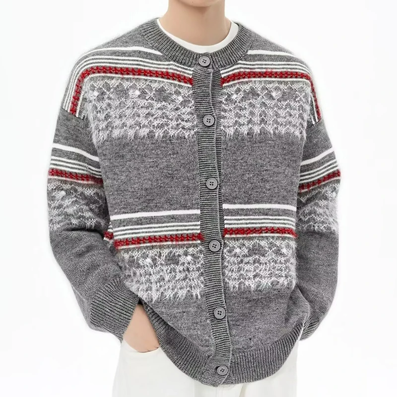 

Мужской рождественский кардиган в полоску из меха норки, свитер, мужской трикотаж, пальто, осенний винтажный вязаный кардиган на пуговицах Fair Island