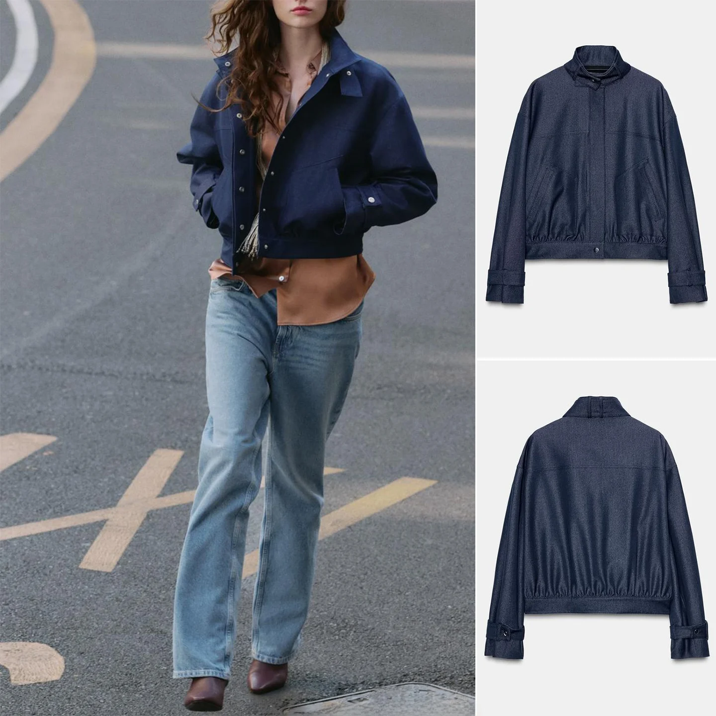 

Autumn Winter New Women's Casual Style Long Sleeve Stand Collar Pilot Jacket Coat with Hem Pleating Decorations Short Length