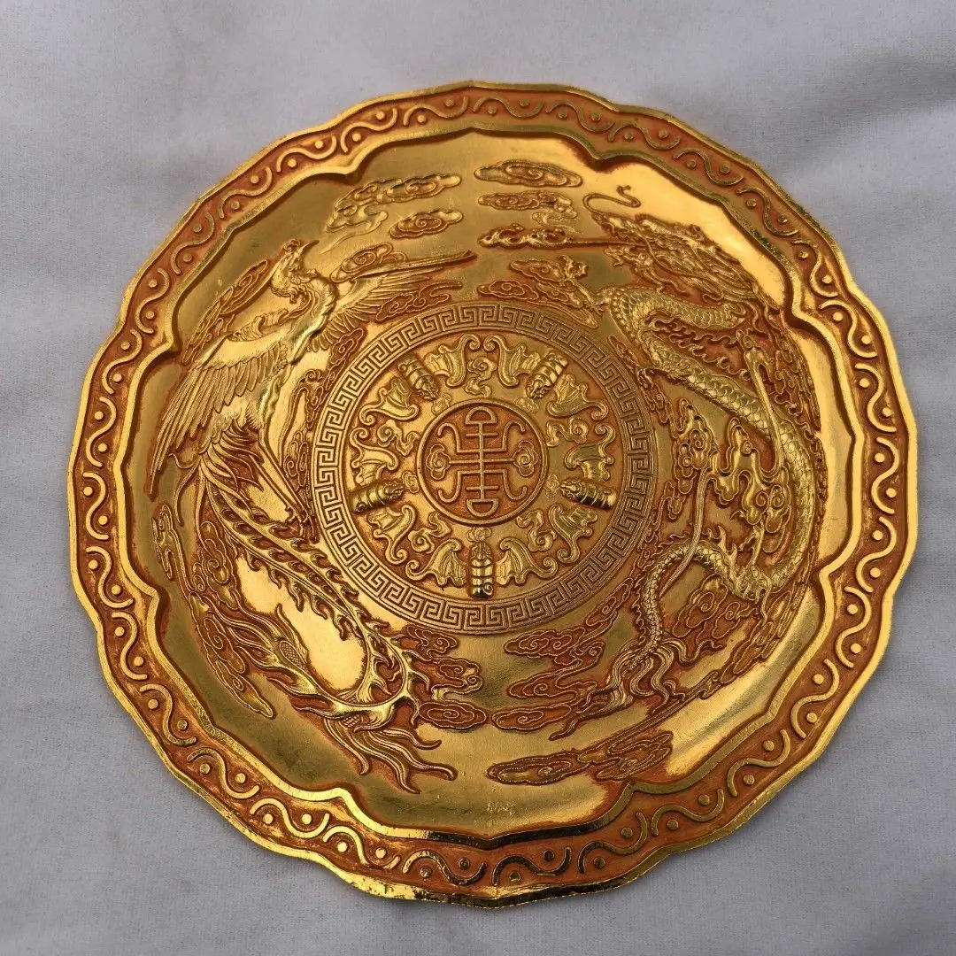 Antique Copper Curio Large Gilt Copper Plate with Scalloped Rim, Dragon Phoenix & Five Blessings Patterns