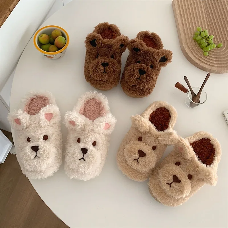 

New cartoon cute head plush warm monthly cotton shoes female fall and winter students home with soft bottom cotton slippers