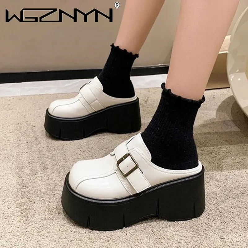 Winter Height Increasing Ladies 8cm Pu Leather Pumps Fashion Platform Wedge White Slippers New Women Slip on Casual Females Shoe