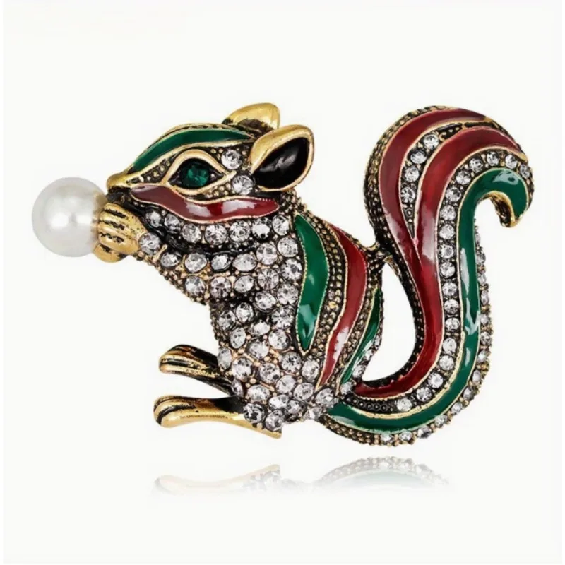Vintage Squirrel Brooch Enamel Crystal Pearl Animal Pin for Women Luxury Jewelry