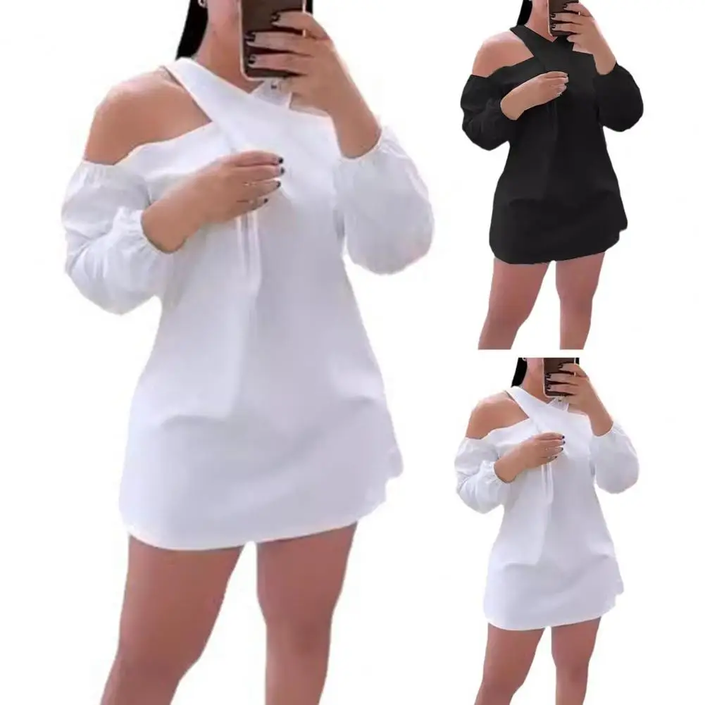 

Travel Dress Stylish Women's Off Shoulder Mini Dress with Long Sleeves Cross Halter Neck for Casual Dating Daily Wear Summer