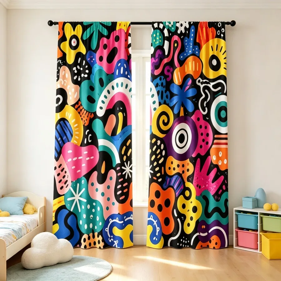 2PCS Digital Print Curtain, Colorful Pop Art Graffiti Abstract Pattern, Modern Art Style for Living Room Bedroom Window Decor
