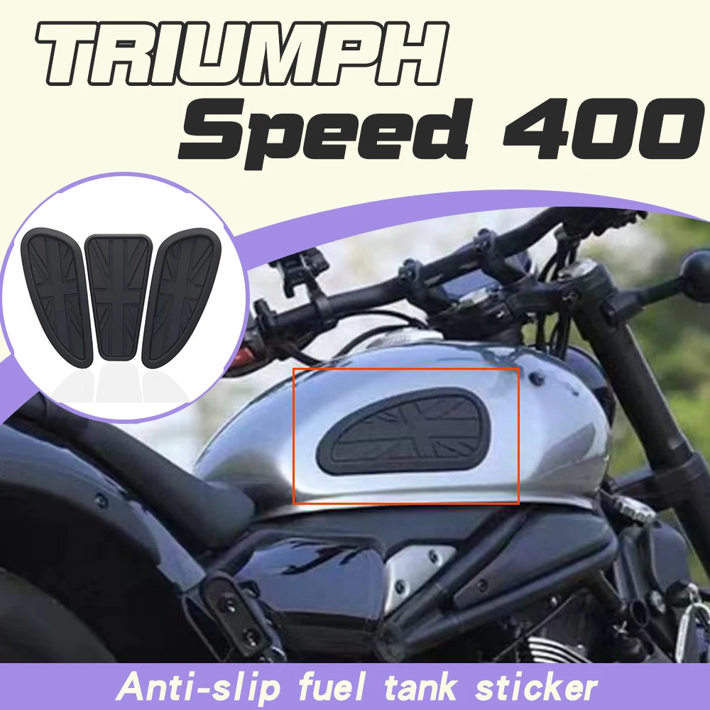

Anti-slip side decals for Triumph Speed400 and Scrambler400X fuel tanks; scratch-resistant protective film.