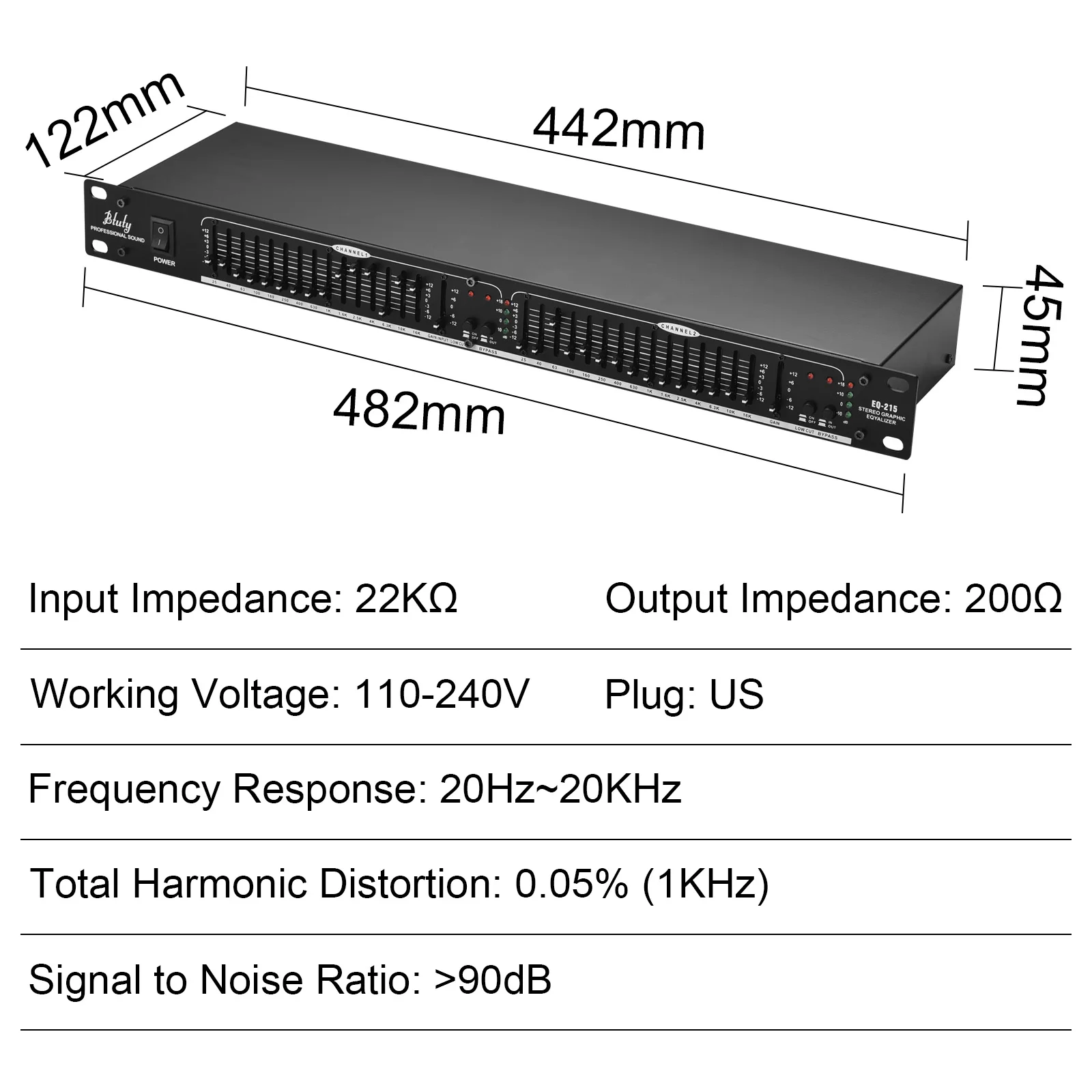 Professional Dual Channels Stereo Graphic Equalizer EQ-215 15-Band Equalizer with LOW-CUT Switch Standard 1U Rack Mount Design