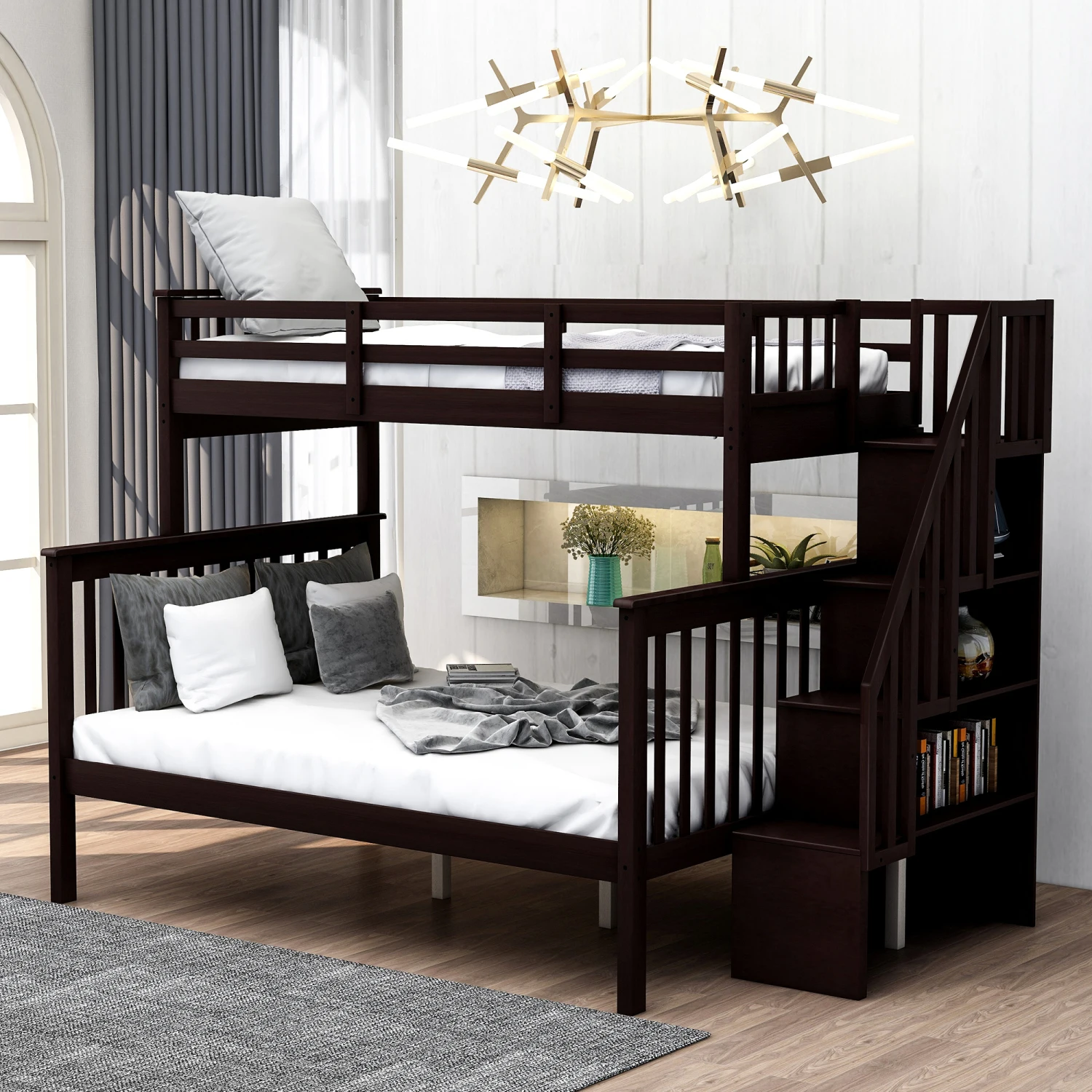 

Stairway Twin-Over-Full Bunk Bed with Storage and Guard Rail for Bedroom, Espresso color(OLD SKU LP000019AAP)