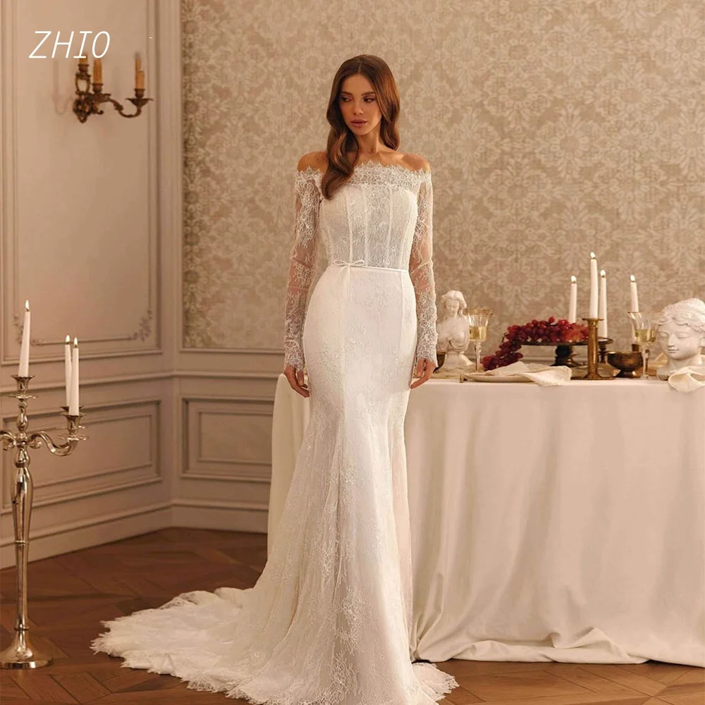 ZHIO فستان زفاف فاخر بحورية البحر من الدانتيل بدون أكتاف وأكمام طويلة سويب تراين فستان زفاف نسائي مخصص فيستدو دي نوفيا