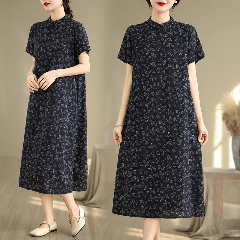 

Summer Loose Slimming Floral Cotton Linen Dr Ethnic Sle Chinese Buttoned Qipao Skirt ort Sve mid Length Midi Dr