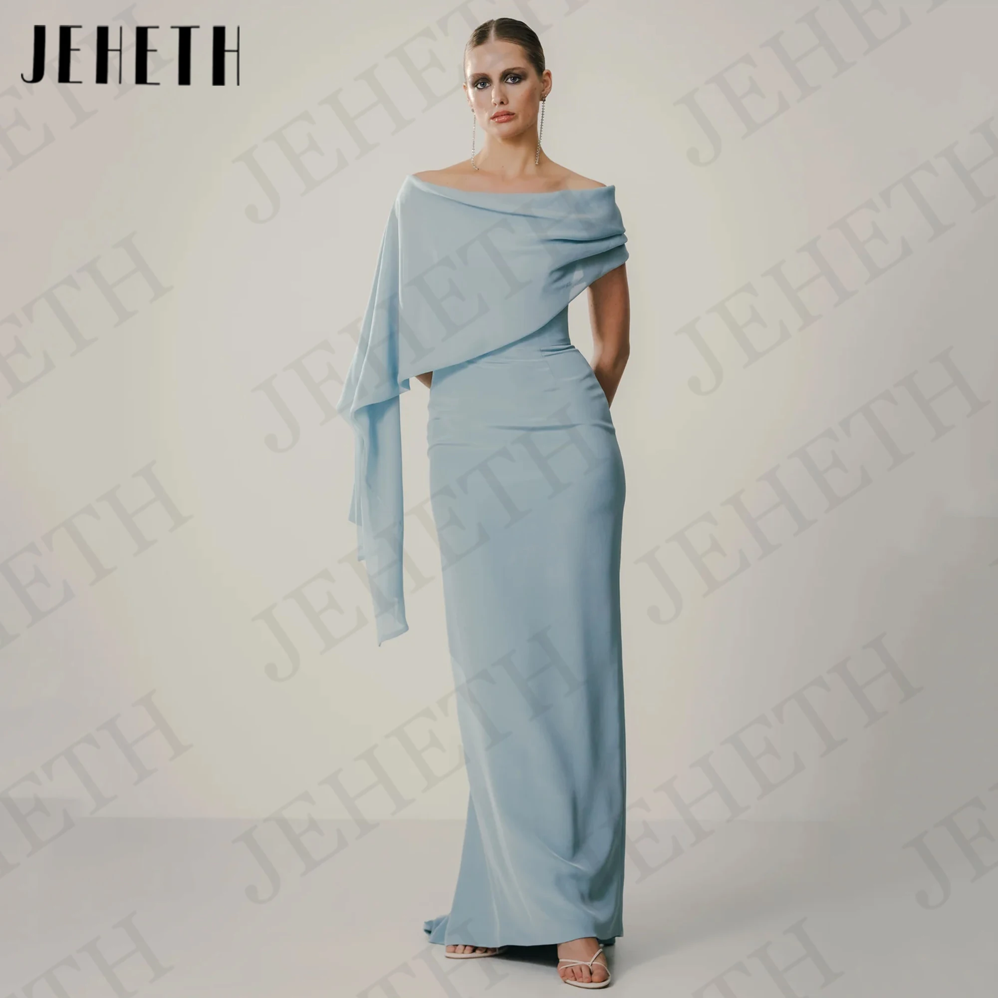 

JEHETH Customized Saudi Arabia Evening Dress Modest فساتين سهرة Sky Blue Mermaid Crepe Off Shoulder Bespoke Occasion Dresses