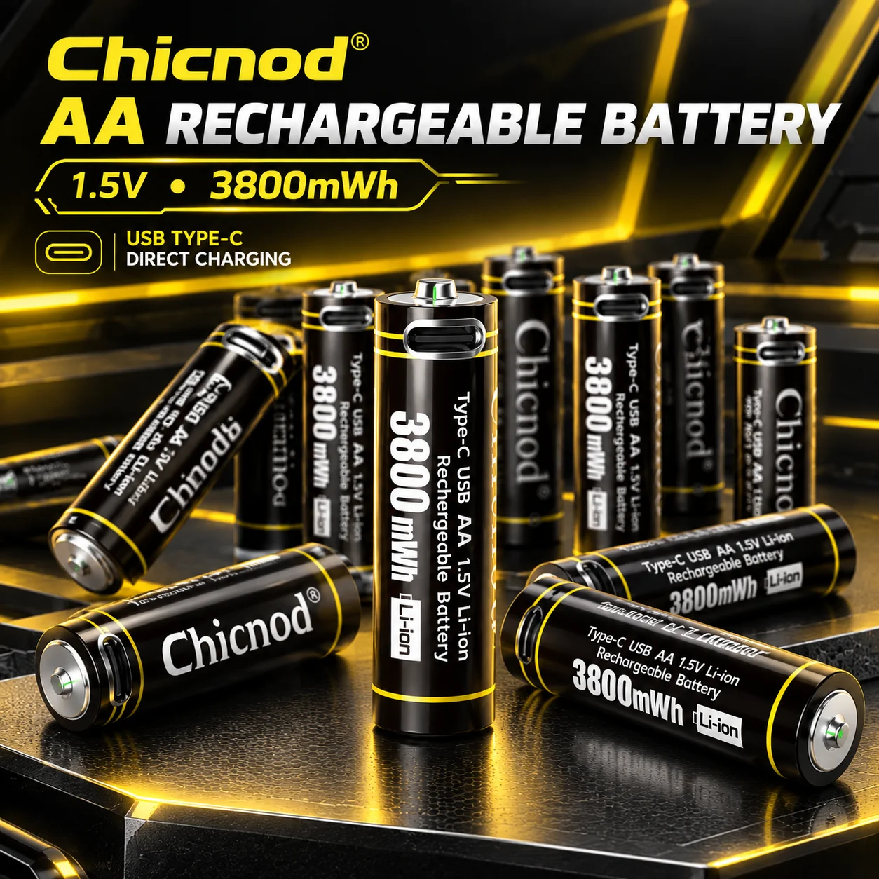 CHICNOD AA 1.5V 3800mWh Rechargeable Li-ion Battery USB Type-C Direct Charging Black High Capacity for Remote Control Toys