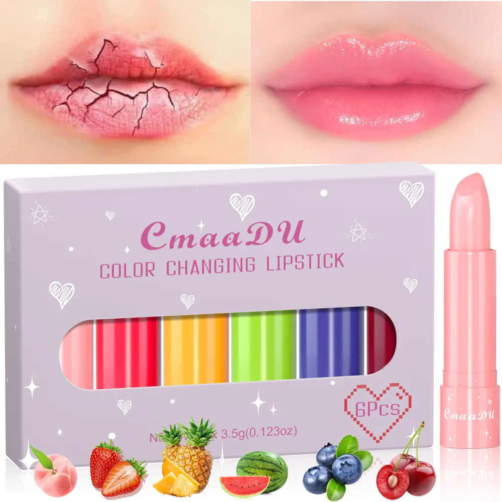 CmaaDu 6 Pcs/Set All Skin Types Fruity Color Changing Lipstick Lip Gloss Makeup Moisturizing Nourishing Sexy Red Lip Stick Balm