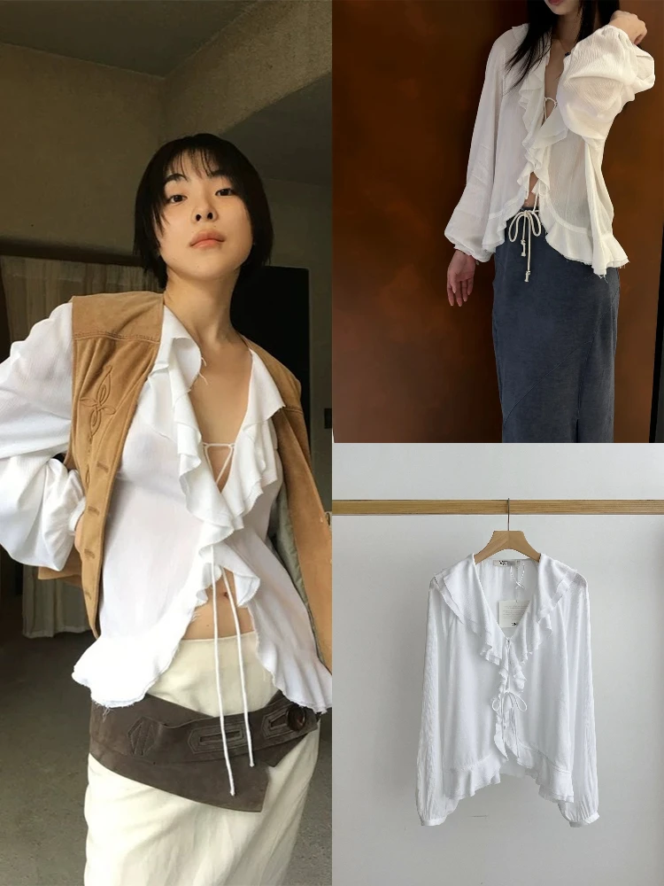 

Белая женская блузка с V-образным вырезом, длинными рукавами, кружевной отделкой, поясом, прозрачная, свободного кроя, для повседневной носки