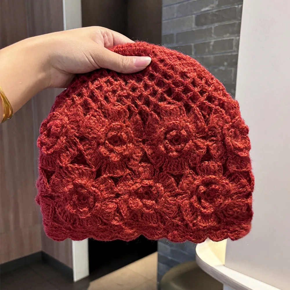 Versatile Double Layer Handmade Knitted Hat Hollow 3D Flower Crochet Beanie Hat Warm Sweet Fisherman Hat Spring Autumn Winter