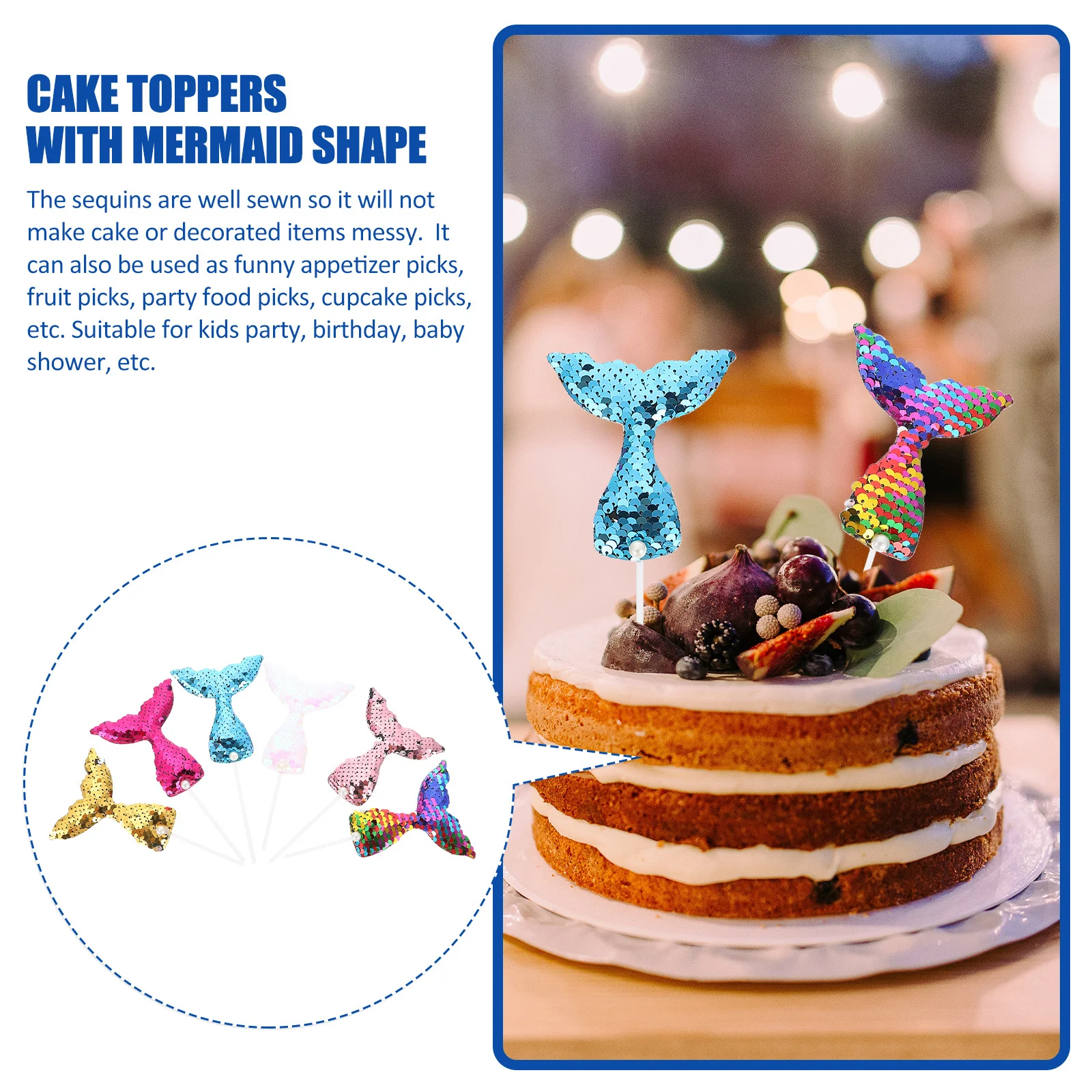 

12Pcs Sequin Fish Tail Cake Toppers Mermaid Theme Shiny Picks Birthday Shower Wedding Party Supplies Mermaid Cupcake Picks