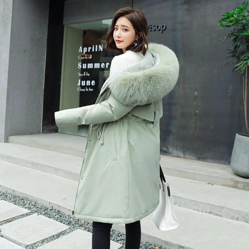 

2023 New Fleece-Lined Thickened Cotton Clothing Women Mid-Length Cotton-Padded Clothes Waist Slimming Parka