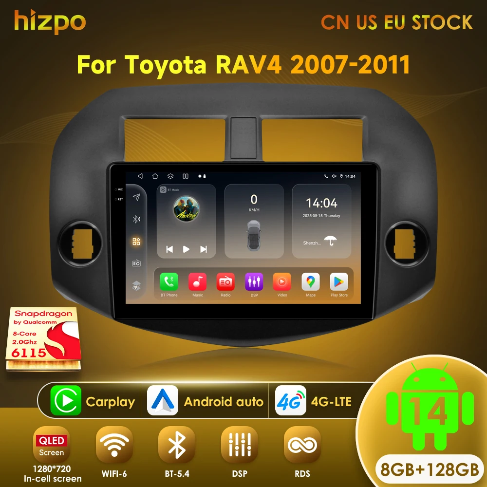 Hizpo Android 14 Autoradio Per Toyota RAV4 2007-2011 8 + 128G Carplay Autoradio Stereo Lettore Multimediale Ai Voice 4G-LTE WiFi 6115